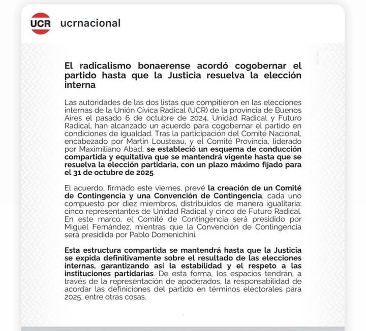 LA UCR PROVINCIA TENDRÁ UN COGOBIERNO