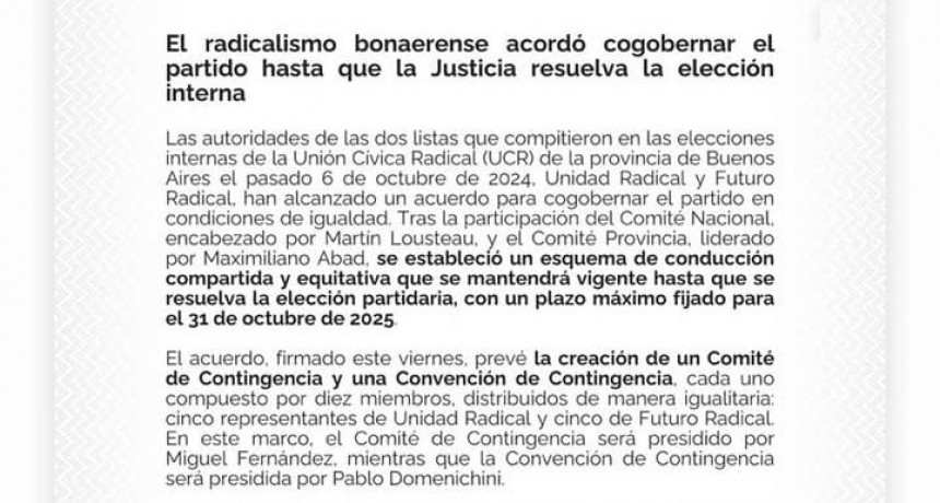 LA UCR PROVINCIA TENDRÁ UN COGOBIERNO